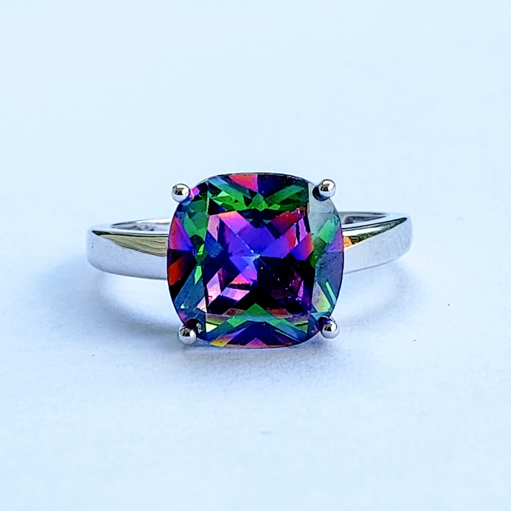Rainbow CZ Topaz Sterling Silver Cushion Cut Ring